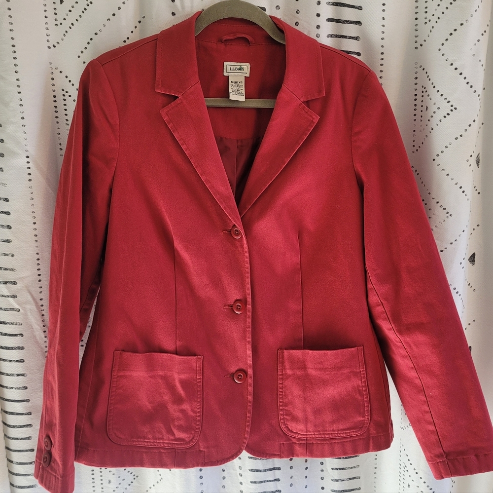 Red Cotton Blazer Twill Jacket Patch Pockets Women's 14 Large LL Bean